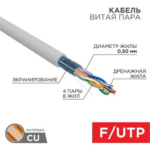 Кабель витая пара F/UTP кат.5E 4х2х24AWG solid CU PVC сер. (м) Rexant 01-0143 118219 - фото 16599813