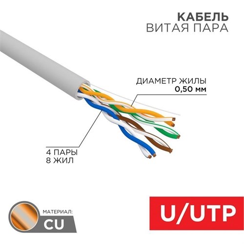 Кабель витая пара U/UTP кат.5E 4х2х24AWG solid CU PVC сер. (м) Rexant 01-0043 118222 - фото 16604199