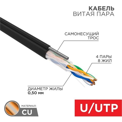 Кабель витая пара U/UTP кат.5E 4х2х24AWG solid CU PE Outdoor трос черн. (м) Rexant 01-0046 157171 - фото 16604448