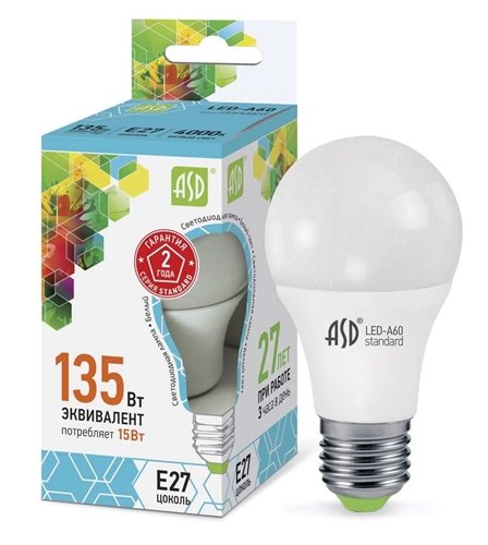 Лампа светодиодная LED-A60-standard 15Вт грушевидная 4000К нейтр. бел. E27 1350лм 160-260В ASD 4690612002101 443277 - фото 16610057