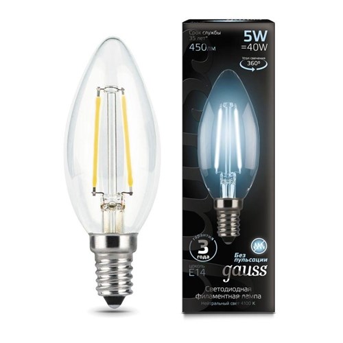 Лампа светодиодная филаментная Black Filament 5Вт свеча 4100К нейтр. бел. E14 450лм GAUSS 103801205 448493 - фото 16618964