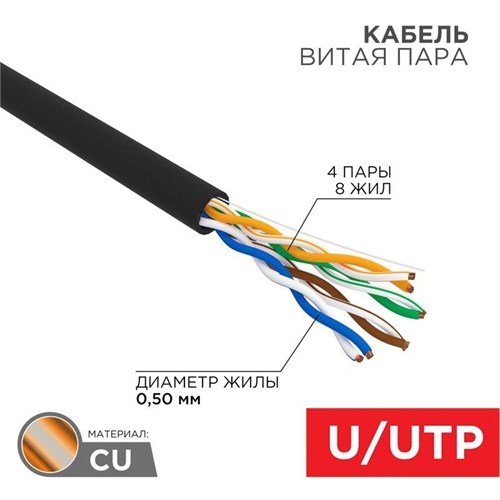 Кабель витая пара U/UTP кат.5E 4х2х24AWG CU медь 100МГц PE OUTDOOR черн. (уп.100м) Rexant 01-0045-100 1547846 - фото 16620354