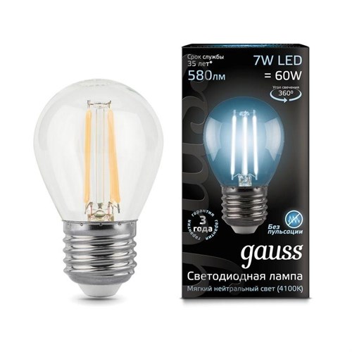Лампа светодиодная филаментная Black Filament 7Вт P45 шар 4100К нейтр. бел. E27 580лм GAUSS 105802207 487713 - фото 16623747