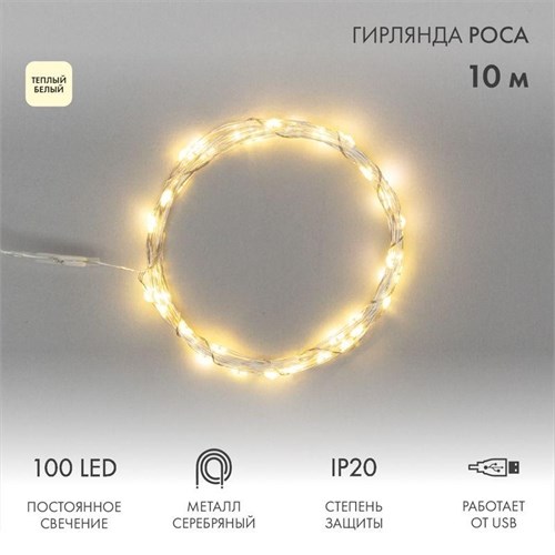 Гирлянда светодиодная "Роса" 10м 100LED тепл. бел. 1Вт IP20 USB Neon-Night 315-976 1376586 - фото 16624482