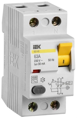 Выключатель дифференциального тока (УЗО) 2п 63А 30мА тип AC ВД1-63 IEK MDV10-2-063-030 25676 - фото 16626627