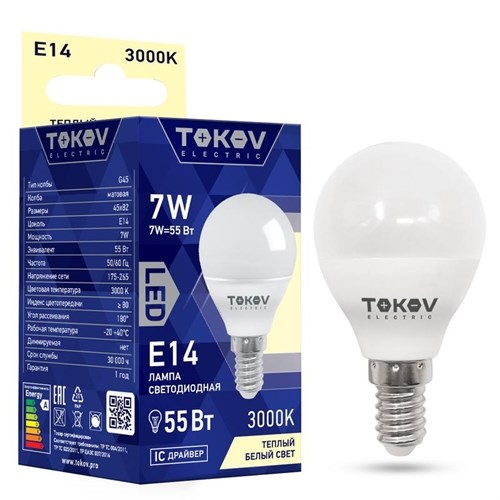 Лампа светодиодная 7Вт G45 3000К Е14 176-264В TOKOV ELECTRIC TKE-G45-E14-7-3K 1660390 - фото 16629762