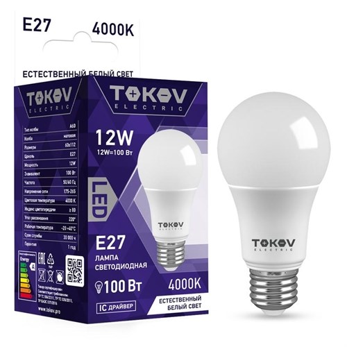 Лампа светодиодная 12Вт А60 4000К Е27 176-264В TOKOV ELECTRIC TKE-A60-E27-12-4K 1660369 - фото 16634145