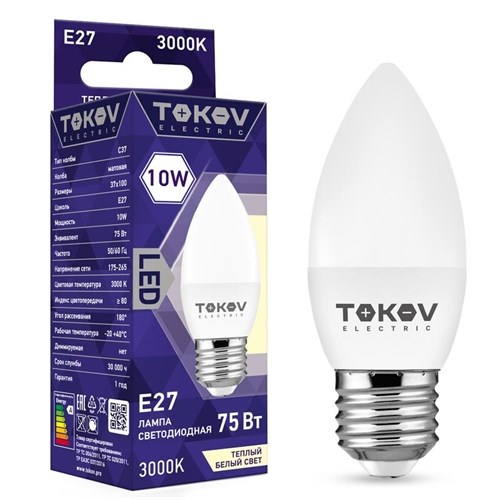 Лампа светодиодная 10Вт С37 3000К Е27 176-264В TOKOV ELECTRIC TKE-C37-E27-10-3K 1660405 - фото 16634152