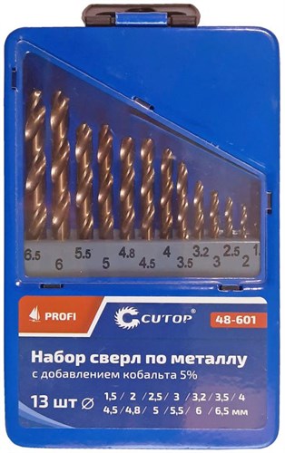 Набор сверл по металлу Profi 1.5-6.5мм (через 0.5мм + 32мм; 48мм) (13шт) с кобальтом 5ти-проц. в метал. коробке Cutop 48-601 1904022 - фото 16656004