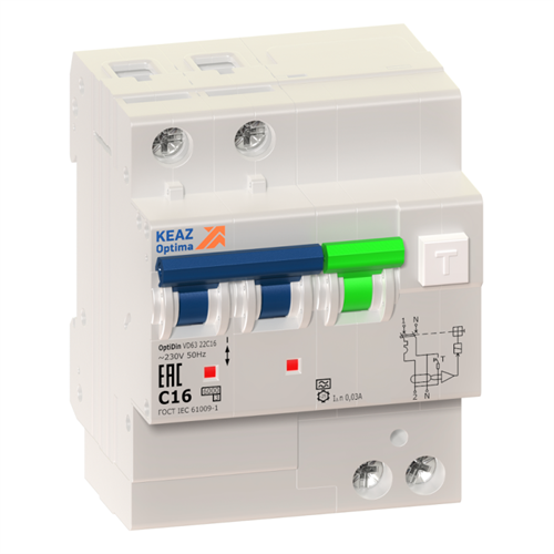 Выключатель автоматический дифференциального тока 2п C 16А 30мА тип A 10кА OptiDin VD63 УХЛ4 КЭАЗ 350291 1754065 - фото 16657090