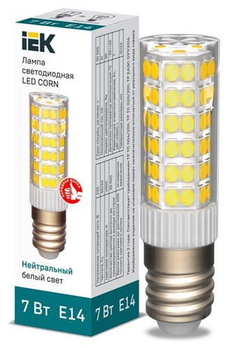 Лампа светодиодная Corn 7Вт капсульная 4000К нейтр. бел. E14 230В керамика IEK LLE-Corn-7-230-40-E14 1532228 - фото 16663819