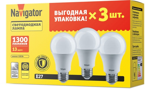 Лампа светодиодная 95 319 NLL-A60-13-230-4K-E27-PACK3 NAVIGATOR 95319 1924360 - фото 16664907