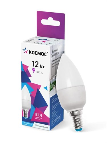 Лампа светодиодная 12Вт свеча 6500К холод. бел. E14 220В КОСМОС LkecLED12wCNE1465 1699635 - фото 16664933