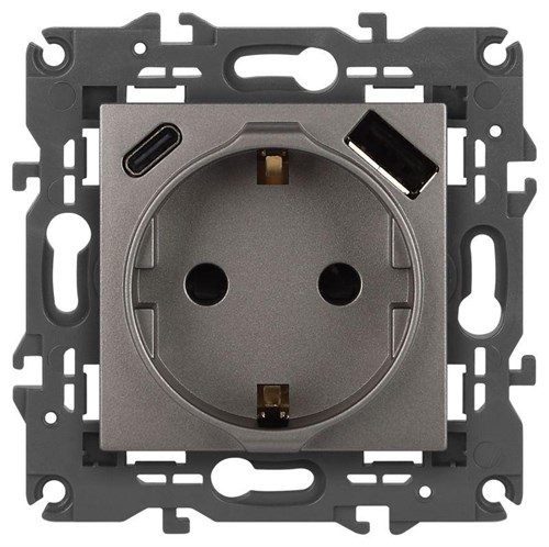 Розетка ЭРА Elegance 14-4108-16 2P+E 16A-250В со шторками с USB type-A+C 5В-3А титан Эра Б0067695 1952988 - фото 16673913