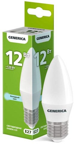 Лампа светодиодная C35 12Вт свеча 6500К E27 230В GENERICA LL-C35-12-230-65-E27-G 1947467 - фото 16674444
