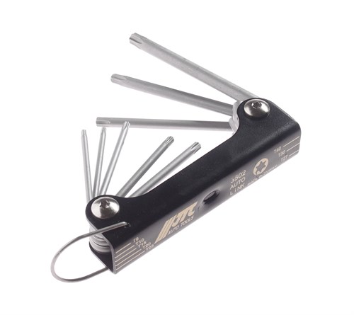 JTC-3502 - Набор ключей TORX T9-T40 складных 8 предметов JTC -  
Удобный раскладывающийся набор ключей TORX с большим крутящим моментом. 
 Изготовлены из закалённой хром-ванадиевой стали. 
 Размеры: T9, Т10, Т15, Т20, Т25, Т27, Т30, T40. - 8 шт. 
Коли JTC-3502 - фото 16681853