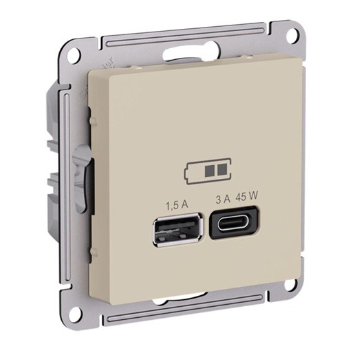 Розетка USB AtlasDesign тип A+C 45Вт высокоскор. ЗУ QC PD механизм песочн. SE ATN001229 1712813 - фото 16691525