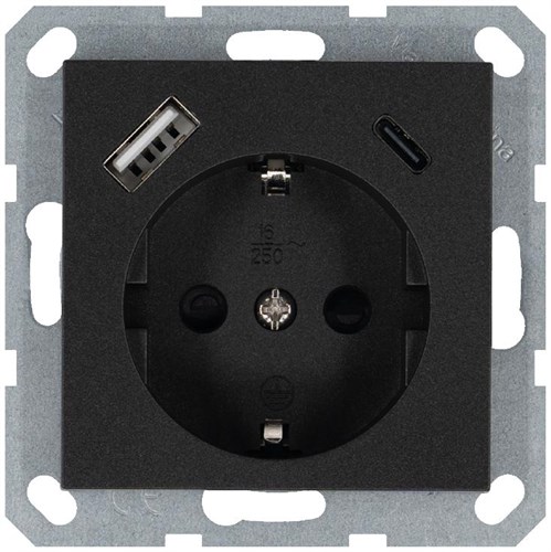 Розетка Shuko 16А с заземл. защ. шторки с 2-мя заряд. устройствами USB тип A+C 25Вт механизм антрацит Jasmart G5501USB-25B 1945144 - фото 16704408