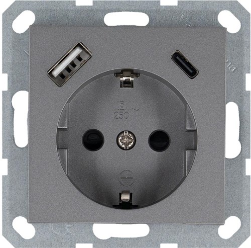 Розетка Shuko 16А с заземл. защ. шторки с 2-мя заряд. устройствами USB тип A+C 25Вт механизм алюм. Jasmart G5501USB-25S 1945143 - фото 16704409