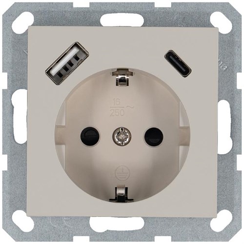 Розетка Shuko 16А с заземл. защ. шторки с 2-мя заряд. устройствами USB тип A+C 25Вт механизм тауп Jasmart G5501USB-25T 1945147 - фото 16704655