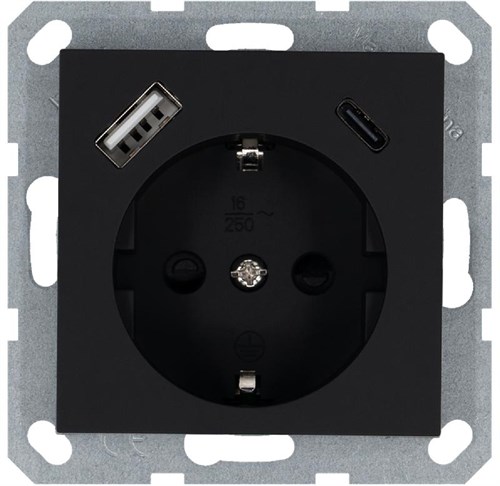 Розетка Shuko 16А с заземл. защ. шторки с 2-мя заряд. устройствами USB тип A+C 25Вт механизм черн. матов. soft touch Jasmart G5501USB-25PB 1945148 - фото 16704862