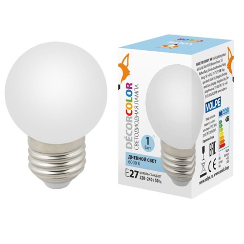 Лампа светодиодная LED-G45-1W/6000K/E27/FR/С 1Вт шар матовая 6000К холод. бел. E27 декоративная (упак. картон) Volpe UL-00005806 552201 - фото 16704916