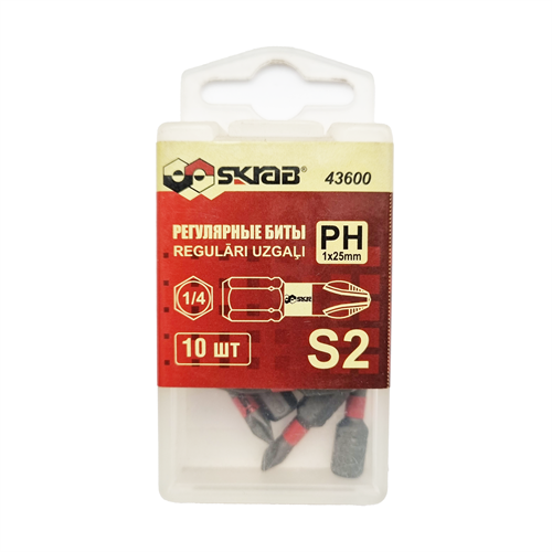 Биты PH1 x 25 мм набор 10 шт ТОРСИОННЫЕ красные SKRAB 43600 43600 - фото 16731245