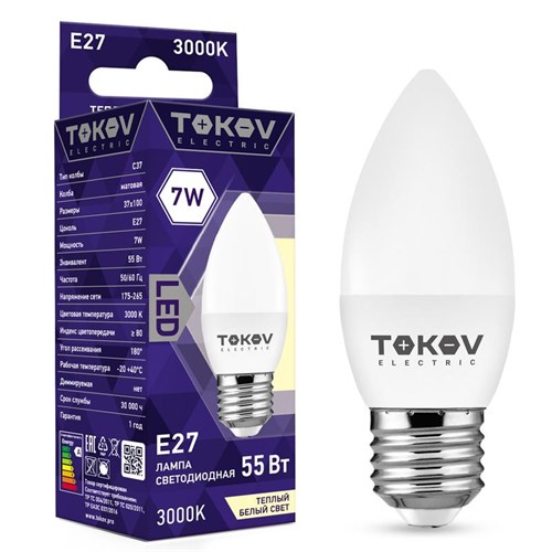 Лампа светодиодная 7Вт С37 3000К Е27 176-264В TOKOV ELECTRIC TKE-C37-E27-7-3K 1660402 - фото 16735459