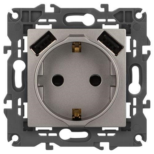 Розетка ЭРА Elegance 14-4109-16 2P+E 16A-250В штор. с 2xUSB 5В-3А титан Эра Б0065775 1952990 - фото 16735640
