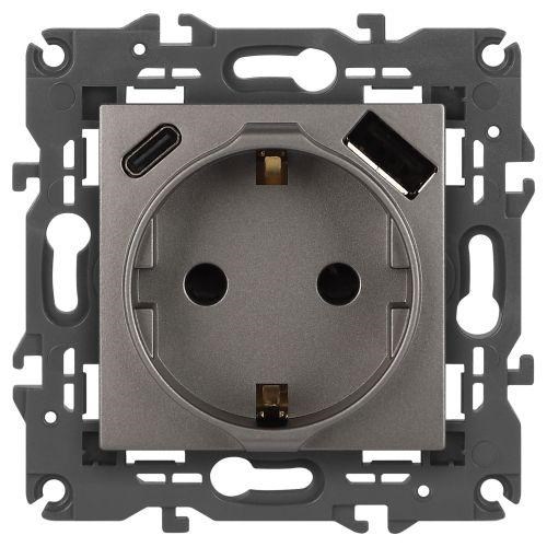 Розетка ЭРА Elegance 14-4108-16 2P+E 16A-250В со шторками с USB type-A+C 5В-3А титан Эра Б0067695 1952988 - фото 16735641