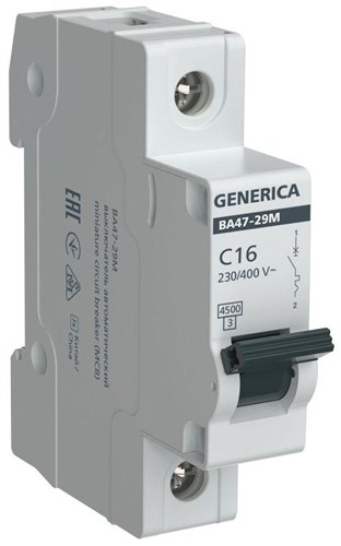 Выключатель автоматический модульный 1п C 16А 4.5кА ВА47-29М GENERICA MVA21-1-016-C-G 1765729 - фото 16736329