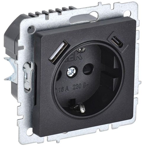 Розетка BRITE РЮш11-1-БрЧ 16А с USB A+C 18Вт с заземл. защ. шторки механизм черн. IEK BR-R14-16-U22-018-K02 1679798 - фото 16736588