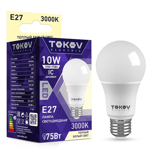 Лампа светодиодная 10Вт А60 3000К Е27 176-264В TOKOV ELECTRIC TKE-A60-E27-10-3K 1660365 - фото 16736647