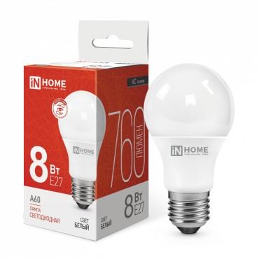 Лампа светодиодная LED-A60-VC 8Вт грушевидная 4000К нейтр. бел. E27 760лм 230В IN HOME 4690612024028 544654 - фото 16737303