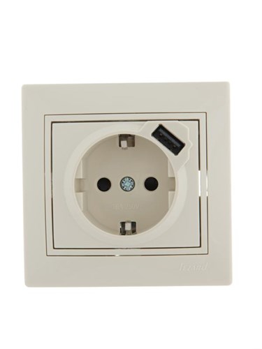 Розетка 1-м СП Mira 16А с заземл. + USB разъем крем. LEZARD 701-0303-181 531295 - фото 16737518