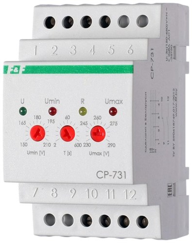 Реле напряжения CP-731 (трехфазный; микропроцессорный; контроль верхнего и нижнего значений напряжения; контроль асимметрии; чередования фаз; монтаж на DIN-рейке 35мм 3х400/230+N 2х8А 1Z 1R IP20) F&F EA04.009.005 320284 - фото 16738120