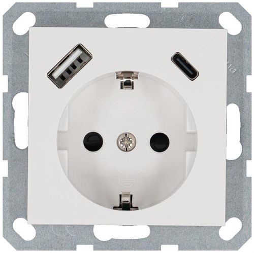 Розетка Shuko 16А с заземл. защ. шторки с 2-мя заряд. устройствами USB тип A+C 25Вт механизм бел. глянцевый Jasmart G5501USB-25W 1945145 - фото 16739727