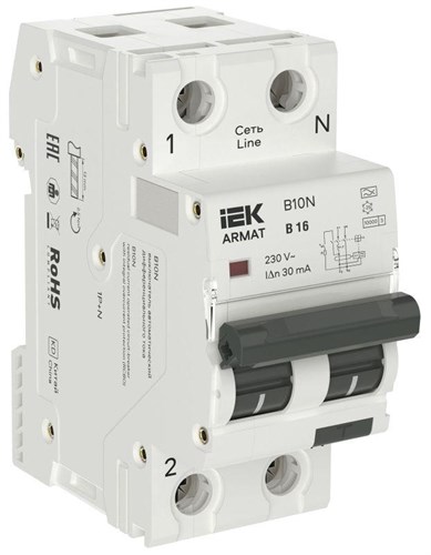 Выключатель автоматический дифференциального тока 2п (1P+NP) B 16 30мА тип A АВДТ B10N 36мм ARMAT IEK AR-B10N-1N-B016A030 1927906 - фото 16739794