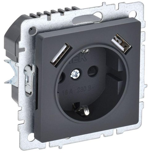Розетка BRITE РЮш10-1-БрГ 16А с USB A+A 2.1А с заземл. защ. шторки механизм графит IEK BR-R14-16-U21-D21-K53 1679778 - фото 16740559