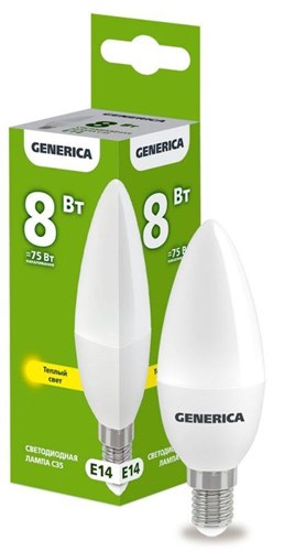 Лампа светодиодная C35 8Вт свеча 3000К E14 230В GENERICA LL-C35-08-230-30-E14-G 1647610 - фото 16740655