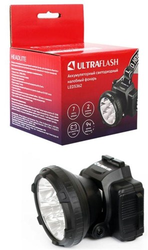 Фонарь аккумуляторный налобный LED5362 7LED 2 режима 220В пластик. черн. (бокс) Ultraflash 11256 321804 - фото 16742374