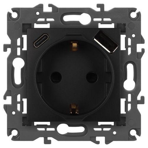 Розетка ЭРА Elegance 14-4108-05 2P+E 16A-250В со шторками с USB type-A+C 5В-3А антрацит Эра Б0067724 1952987 - фото 16743451
