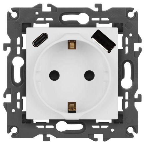 Розетка ЭРА Elegance 14-4108-01М 2P+E 16A-250В со шторками с USB type-A+C 5В-3А матов. бел. Эра Б0067710 1952986 - фото 16743452