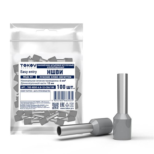 Наконечник штыревой втулочный изолированный НШВИ 4.0-12 TOKOV ELECTRIC TKE-NSVI-4.0-12-C06/100 1800982 - фото 16744209
