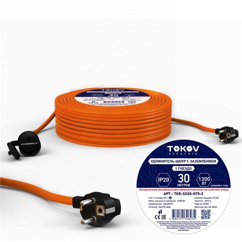 Удлинитель-шнур 1х30м с заземл. 6А IP20 3х0.75 TOKOV ELECTRIC TKE-SS30-075-Z 1701072 - фото 16744445