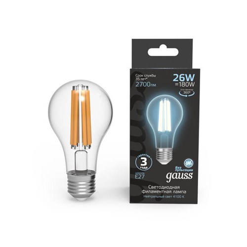 Лампа светодиодная филаментная Black Filament 26Вт A70 грушевидная 4100К нейтр. бел. E27 2700лм GAUSS 102902226 1669202 - фото 16744514