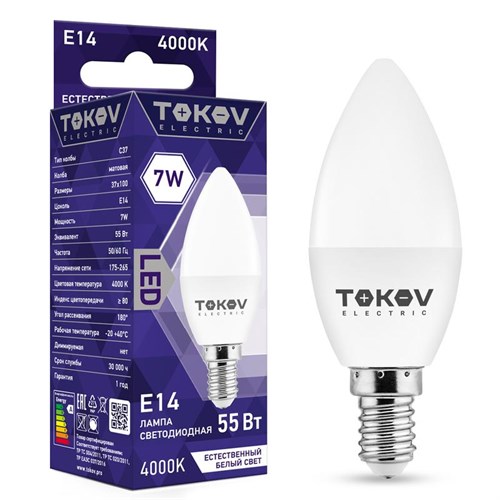 Лампа светодиодная 7Вт С37 4000К Е14 176-264В TOKOV ELECTRIC TKE-C37-E14-7-4K 1660397 - фото 16744668