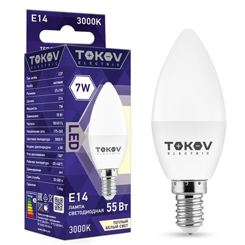 Лампа светодиодная 7Вт С37 3000К Е14 176-264В TOKOV ELECTRIC TKE-C37-E14-7-3K 1660396 - фото 16744669