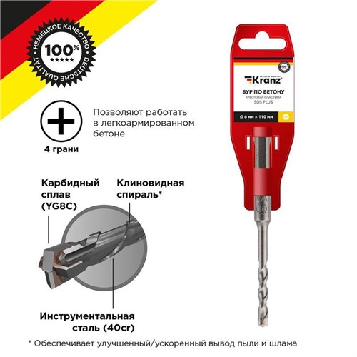 Бур по бетону 6х110мм крестовая пластина SDS PLUS Kranz KR-91-0801 1544302 - фото 16745035