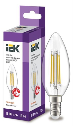 Лампа светодиодная филаментная 360° 5Вт C35 свеча 3000К E14 230В прозр. IEK LLF-C35-5-230-30-E14-CL 1281475 - фото 16745601